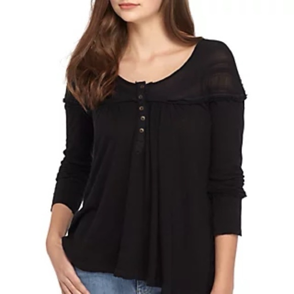 Free People Black Long Sleeve Henley Top